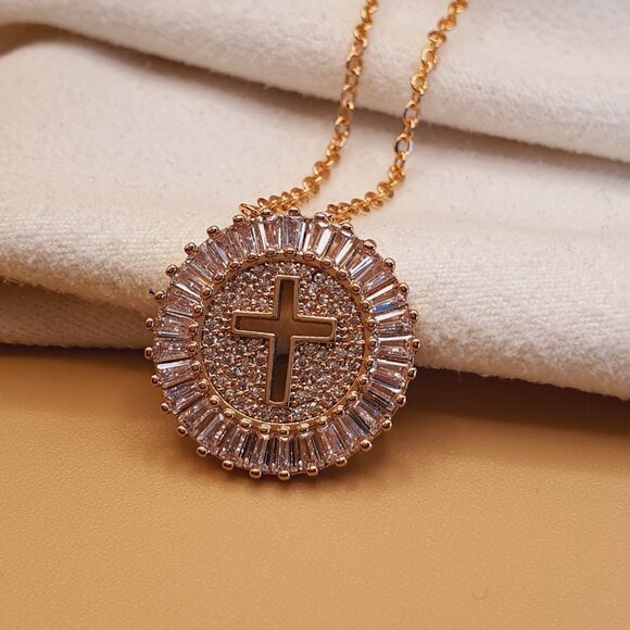 Round Cross Carved CZ Full Filled 14K Gold Plated Dainty Necklace, INDN8639 - Picture 2 of 5